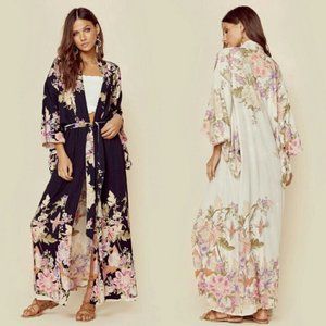 Spell Floral Satin Kimono Robe in Black and Cream